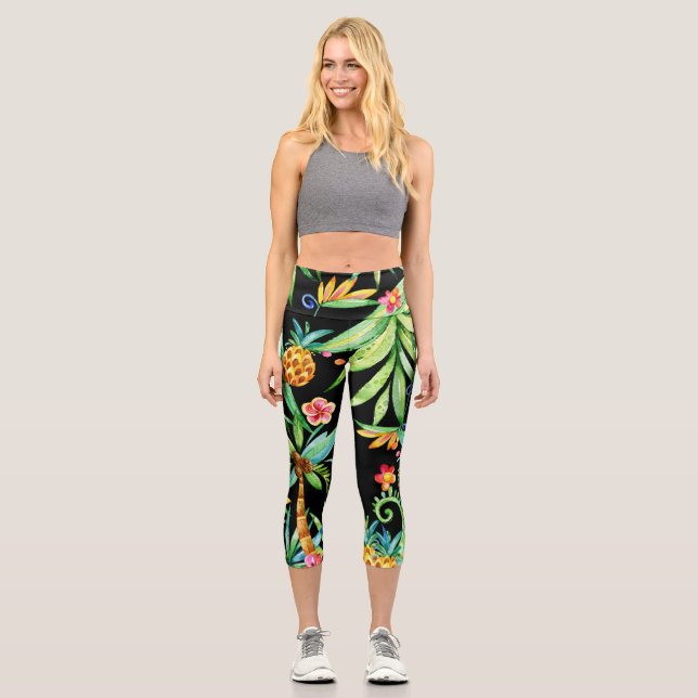 Capri Leggings noirs exotiques tropicaux floraux (Recto)