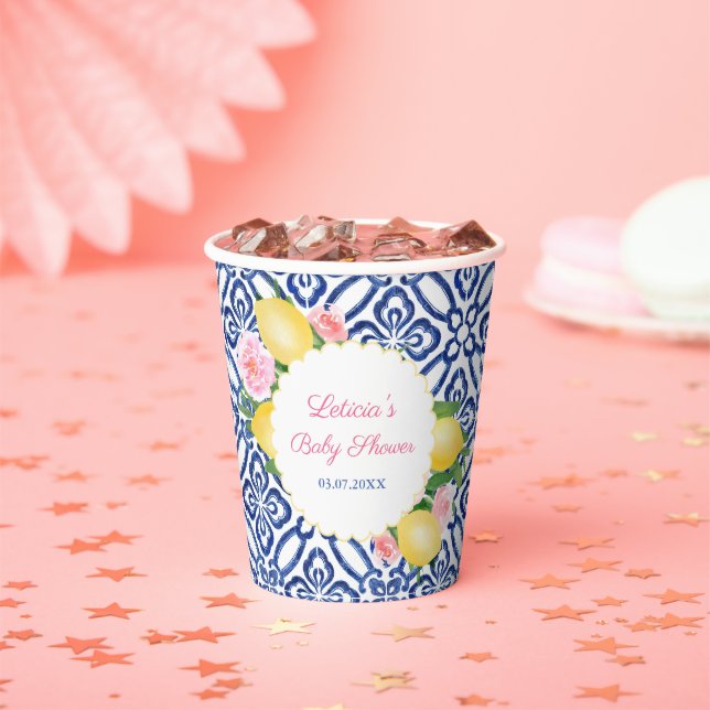 Capri Lemons Blue & White Tiles Baby Dusche Party Pappbecher (Insitu)