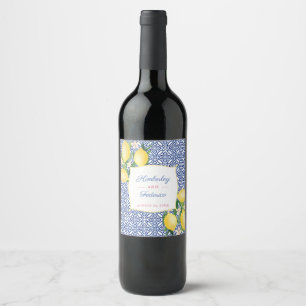 Capri Lemons Blue White Tiles Print Wedding Weinetikett