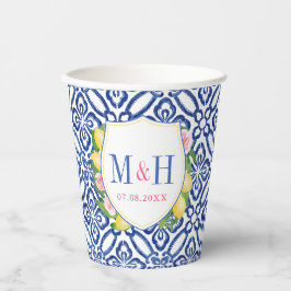 Capri Lemons Blue White Tiles Wedding Wappen Dusch Pappbecher