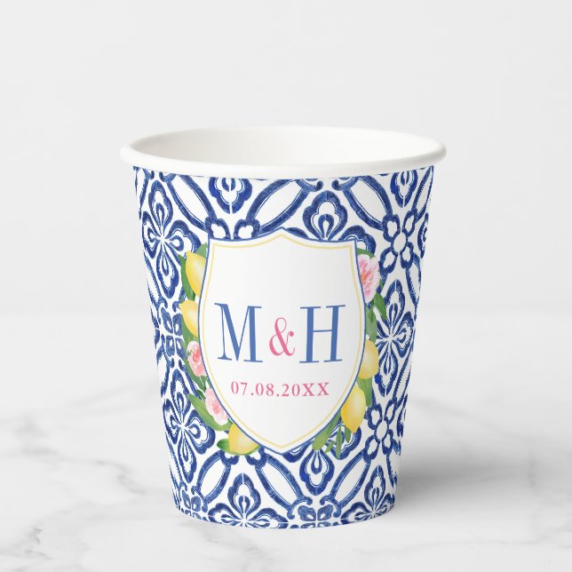 Capri Lemons Blue White Tiles Wedding Wappen Dusch Pappbecher (Vorderseite)