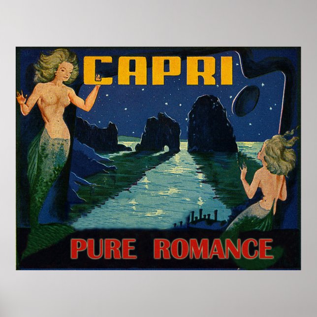 Capri, reine Romantik, Meerjungfrauen nachts, Vint Poster (Vorne)
