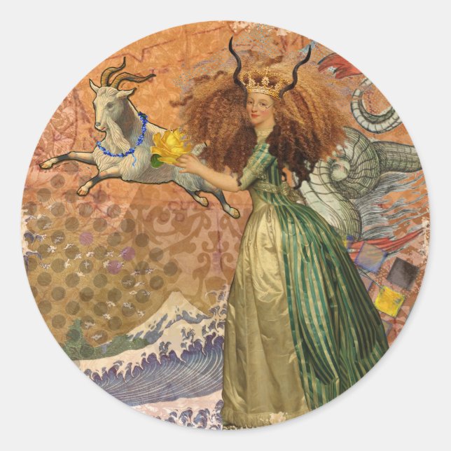 Capricorn Woman Goat Whimsical Fun Runder Aufkleber (Vorderseite)