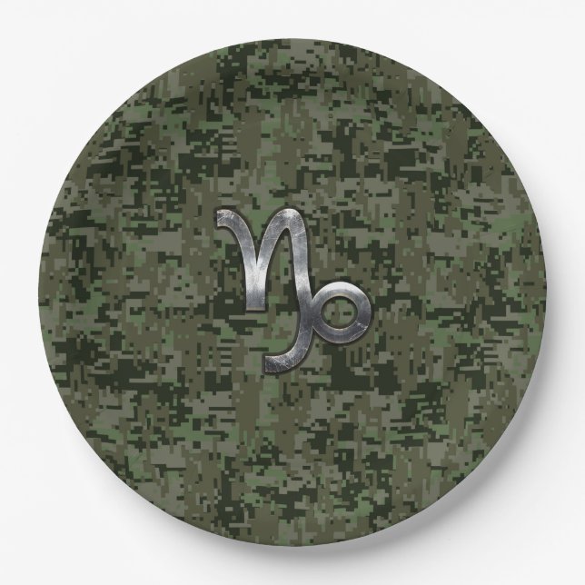 Capricorn Zodiac Symbol Green Digital Camouflage Pappteller (Vorderseite)