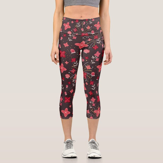 Capris Leggings en noir avec Fleurs roses (Recto)