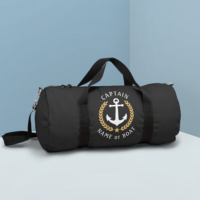 Captain Anchor Ihr Boot Name Gold Laurel Black Duffle Bag (2 sizes to choose from. Edit to change to any color needed.)