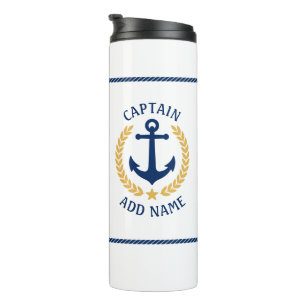 Captain Boat Name Anchor Gold Style Laurel Star Thermosbecher