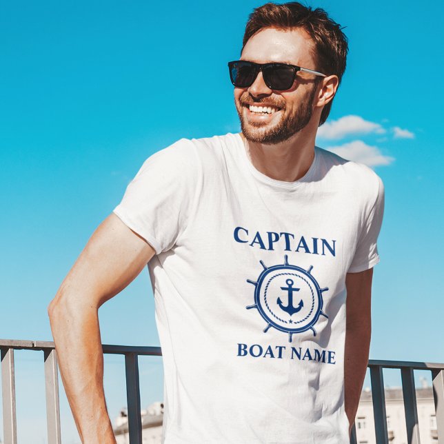 Captain Boat Name Anchor Rope Helm Nautical T-Shirt (Customize to change text size. Choose from a variety of shirt colors and styles.)