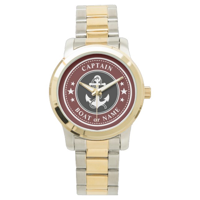 Captain Boat Name Navy Red Anchor & Rope Armbanduhr (Vorderseite)
