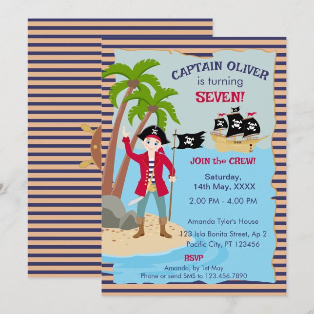 Captain Boy Pirate Ship Birthday Party Einladung (Vorne/Hinten)