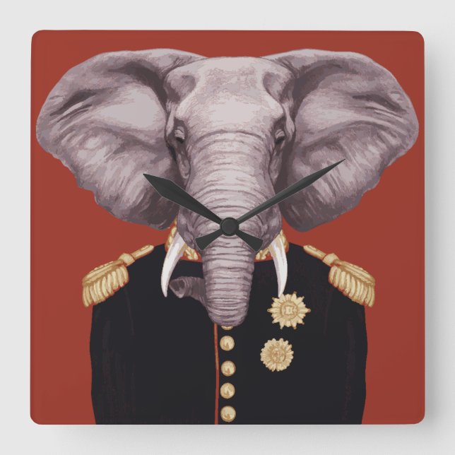 Captain Elephant Quadratische Wanduhr (Vorderseite)