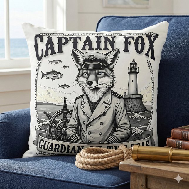 Captain Fox Guardian of Seas Nautical Design Kissen (Captain Fox Guardian of Seas Nautical Design Throw Pillow Mockup A)