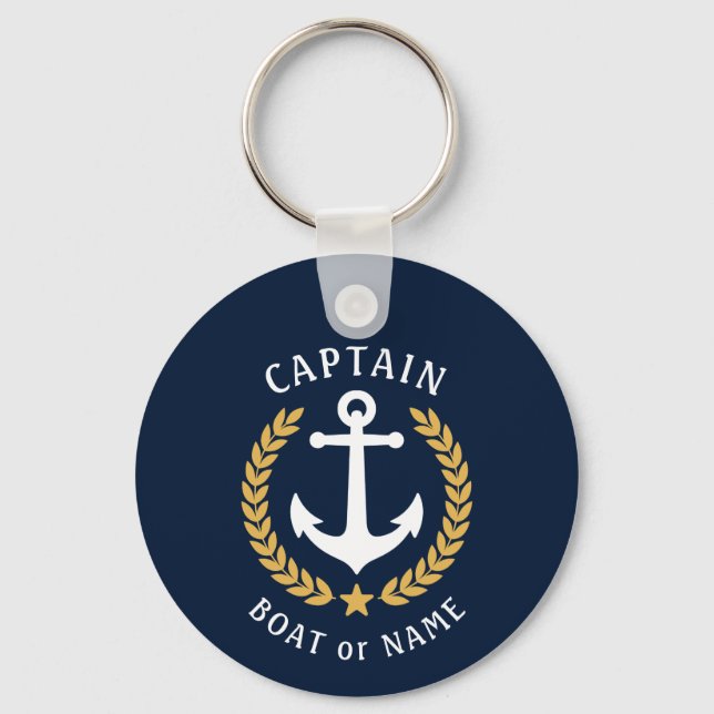 Captain Name Anchor Gold Laurel Foto Back Blue Schlüsselanhänger (Vorderseite)
