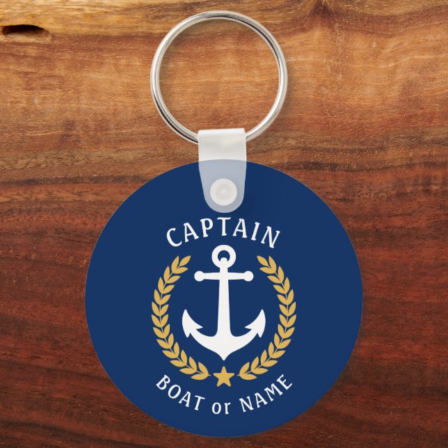 Captain Name Anchor Gold Laurel Foto Back Navy Schlüsselanhänger (Vorderseite)