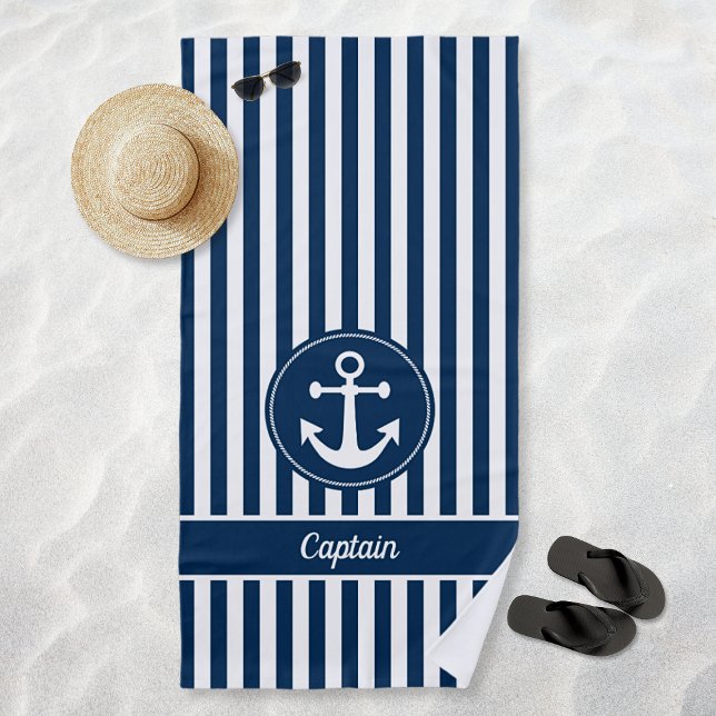 Captain Nautical Anchor Rope Navy Blue Stripes Strandtuch (Captain Nautical Anchor Rope Navy Blue Stripes Beach Towel)