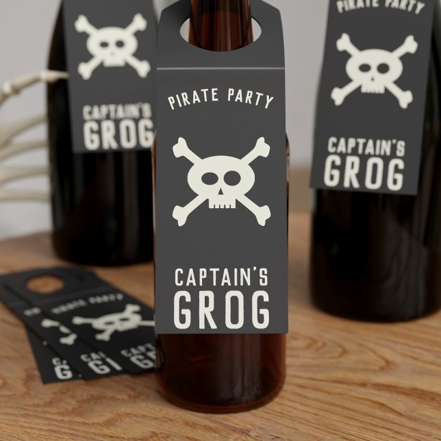 Captain's Grog Pirate Party Flasche Hanger Tag Flaschenanhänger (Skull and Crossbones bottle tag for yer pirate party. Yarrr!!)