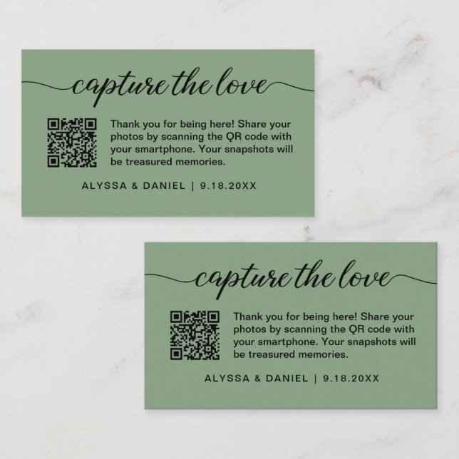 Capture the love QR code wedding photo share green Begleitkarte (Vorne/Hinten)