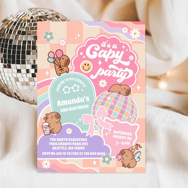 Capy Party Retro Groovy Daisy Birthday Invitation Einladung (Von Creator hochgeladen)