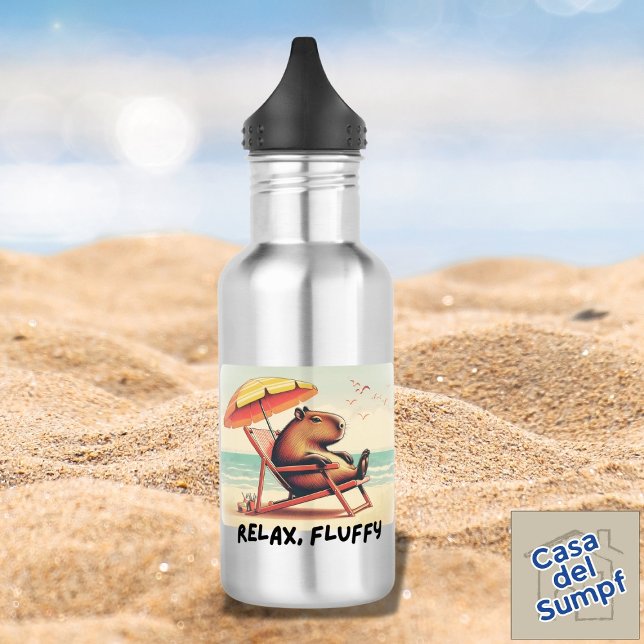Capybara am Strand sagt: Entspannen, Fluffy Edelstahlflasche (Von Creator hochgeladen)