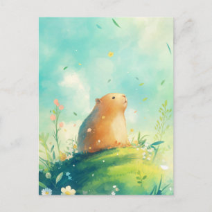 Capybara auf einem Hügel mit fallenden Blütenblätt Postkarte