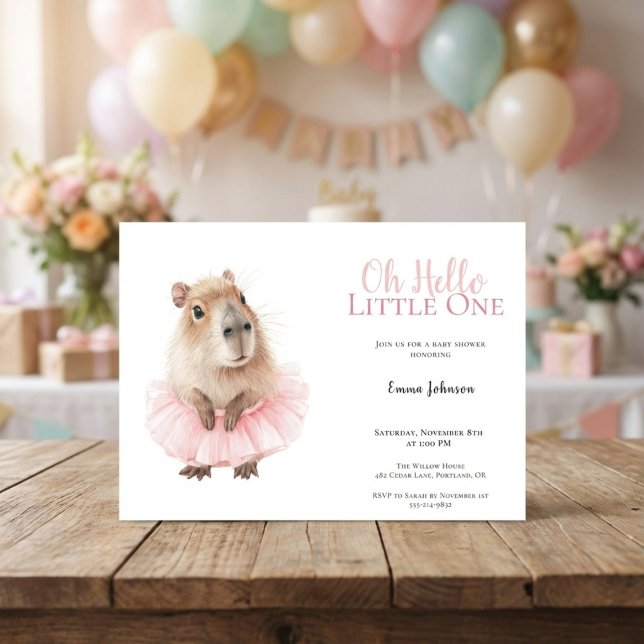 Capybara Baby Shower Invitation (watercolor baby shower invitation with capybara in pink tutu on soft party background)