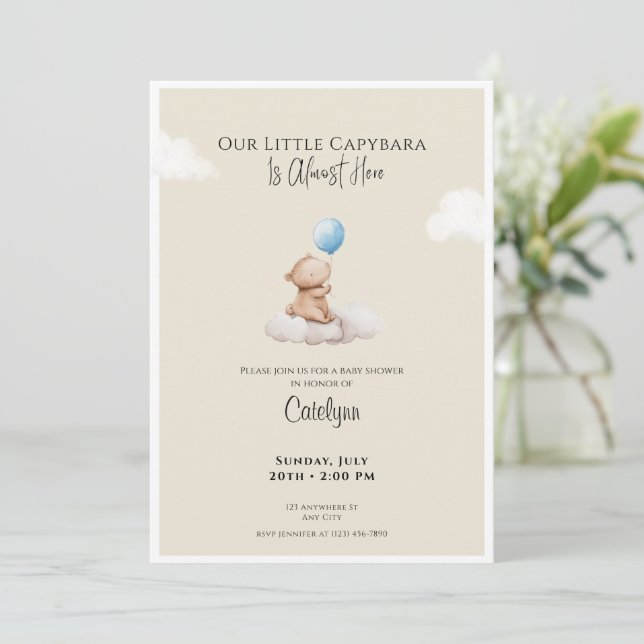 Capybara Baby Shower Invitation Cloud and Balloon (Debout devant)