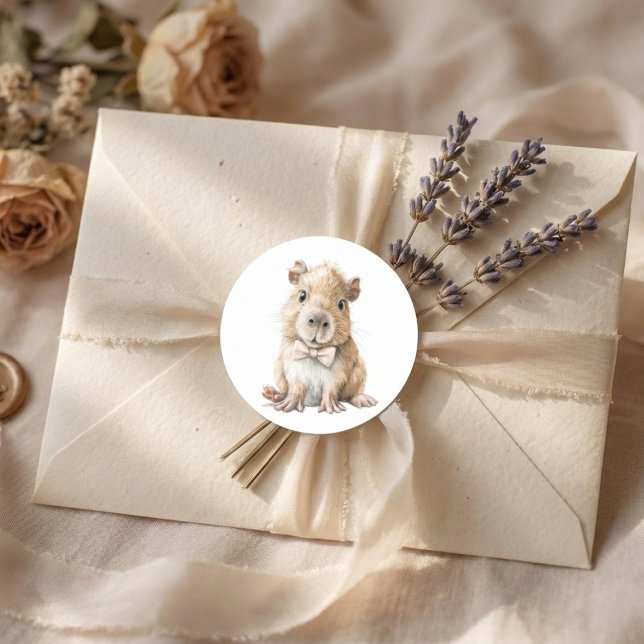 Capybara Baby Shower  Runder Aufkleber (soft neutral sticker with baby capybara bow tie on beige envelope with lavender accents)
