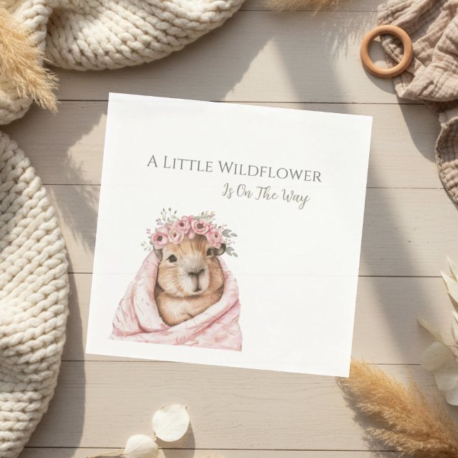 Capybara Baby Shower • Wildflower Napkin Serviette (soft boho napkin with capybara wildflower illustration on light neutral background)
