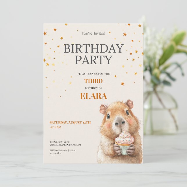 Capybara Birthday Invitation • 3rd Birthday Save The Date (Stehend Vorderseite)