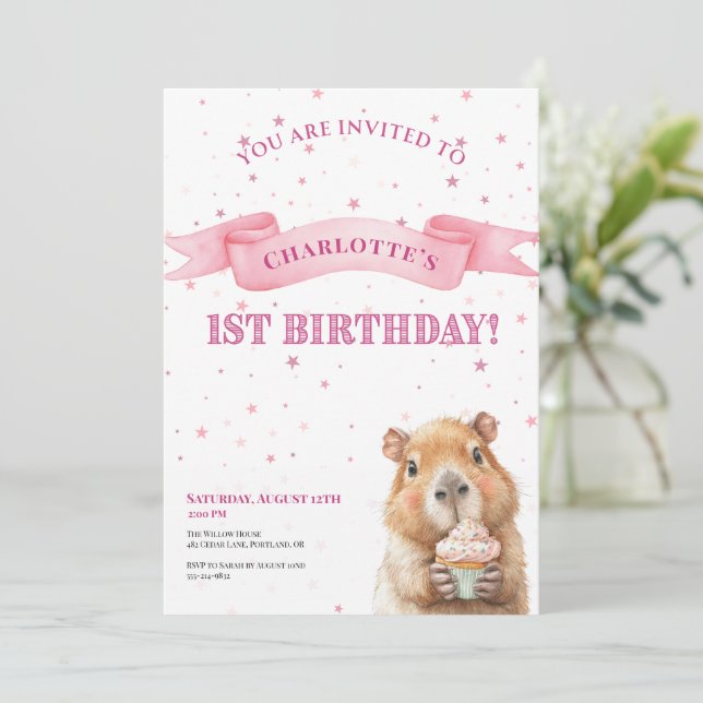 Capybara Birthday Invitation • Cute First Birthday Save The Date (Stehend Vorderseite)