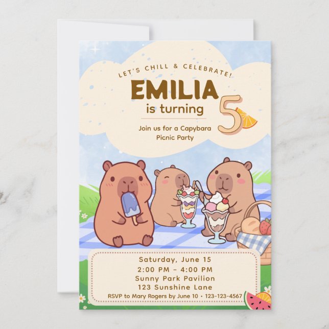 Capybara Birthday Picnic Invitation (Devant)