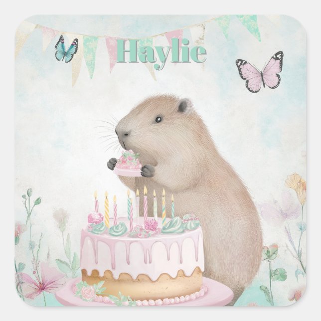 Capybara Cakefest Kinder Party Aufkleber Grün Cust (Vorderseite)