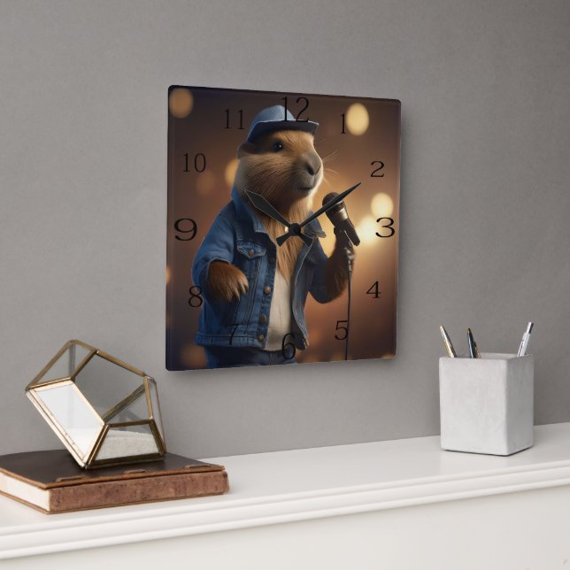 "Capybara Cowboy: Serenading the Wild West" Quadratische Wanduhr (Büro)