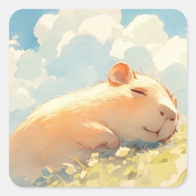 Capybara Cuddles im Gras Quadratischer Aufkleber (Vorderseite)