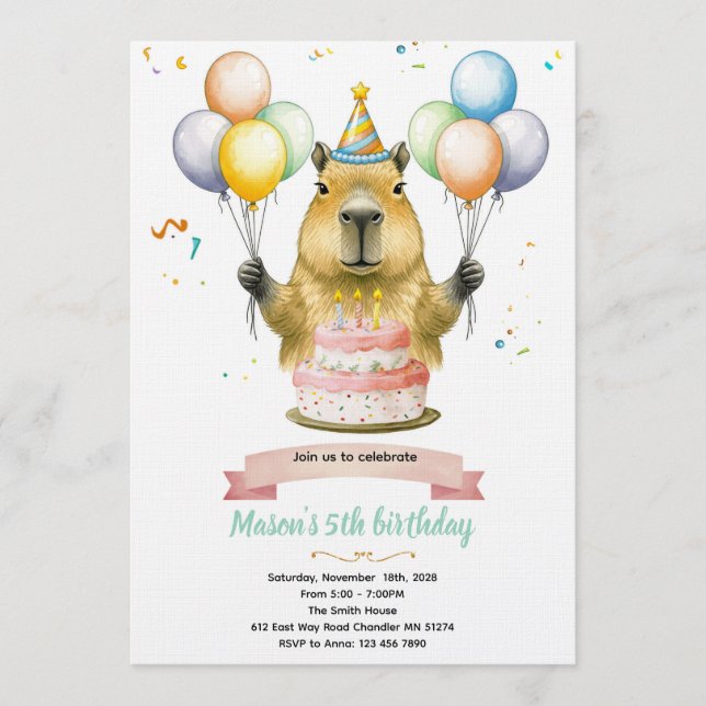 Capybara cute birthday invitation einladung (Vorderseite)