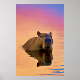 Capybara, das aus einem ruhigen See auftaucht Poster