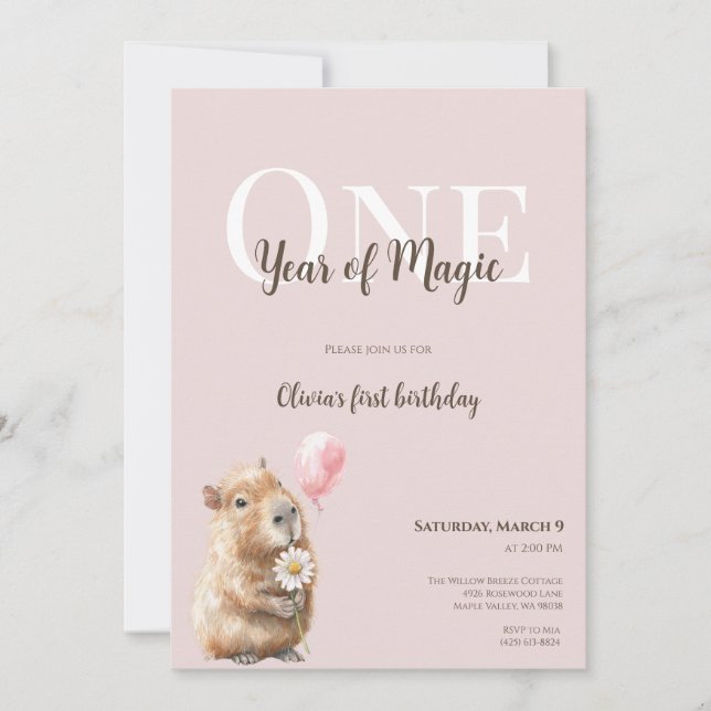 Capybara First Birthday Invitation • Woodland Girl (Vorderseite)