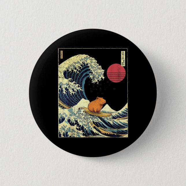 Capybara Japanese Kanagawa Wave Funny Surf Animal  Button (Vorderseite)
