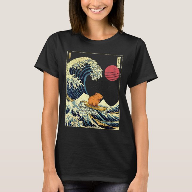 Capybara Japanese Kanagawa Wave Funny Surf Animal  T-Shirt (Vorderseite)