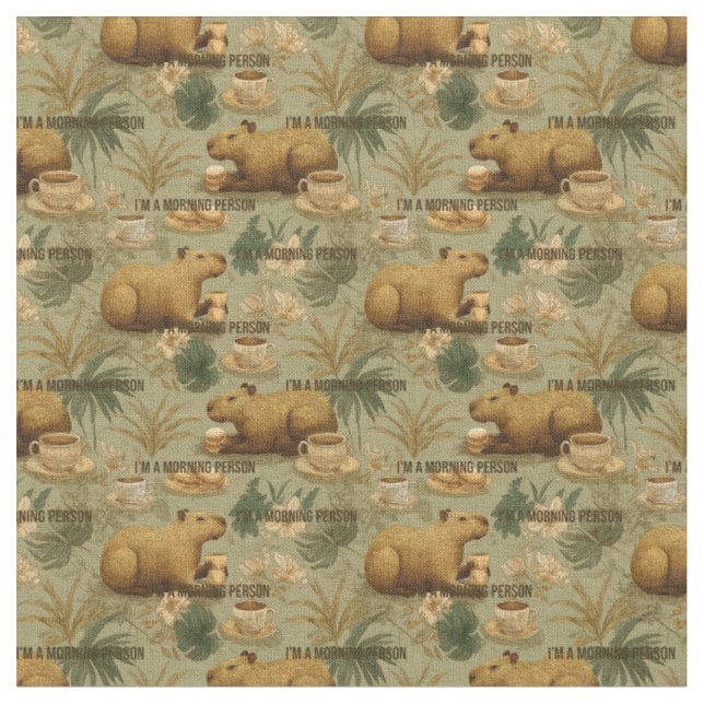 Capybara Morning Coffee Breakfast Botanical Art Stoff (Nahaufnahme)