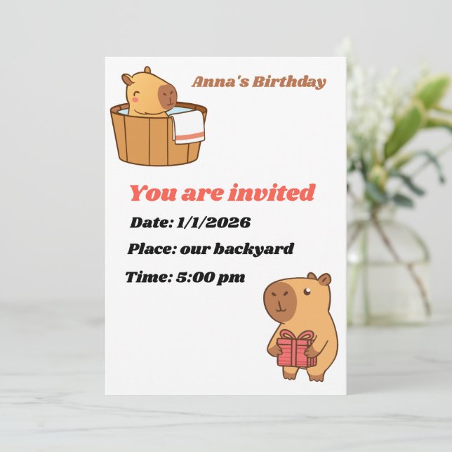 Capybara-Party Einladung | Niedliche Geburtstag (Stehend Vorderseite)