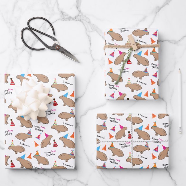 Capybara Personalized Kids Birthday White Geschenkpapier Set (Vorderseite)