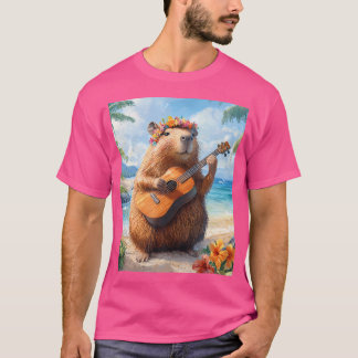 Capybara Playing Guitar Ukulele Beach Hawaii Funny T-Shirt