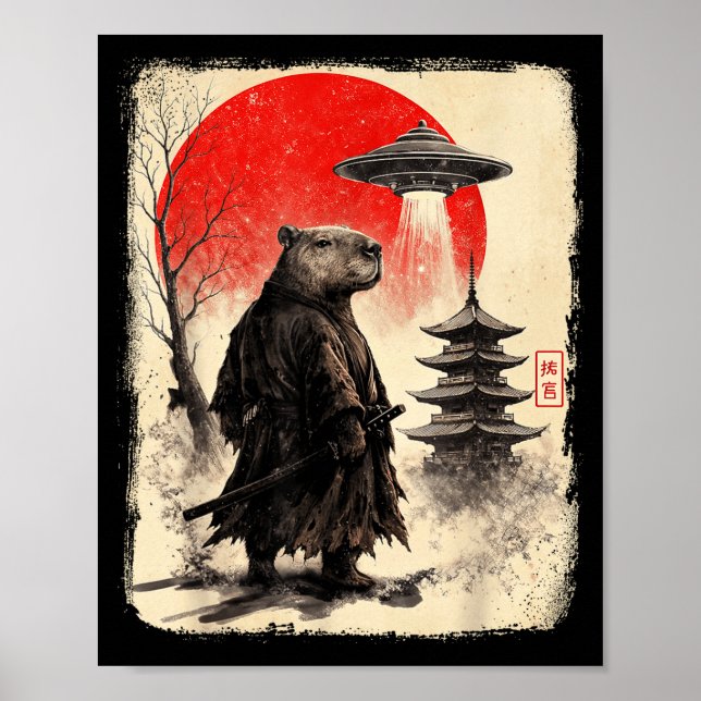 Capybara Samurai Retro Ufo Japanese Warrior Tenshu Poster (Vorne)