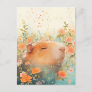 Capybara Schwimmen im Pfirsich-Wildblumen-Teich Postkarte
