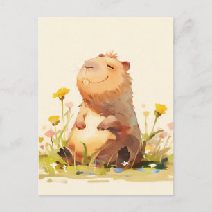 Capybara sitzt im gelben Wildblumengarten Postkarte