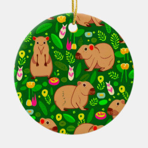 Capybara Sketch mit Frühlingsblumen auf Grün Keramik Ornament