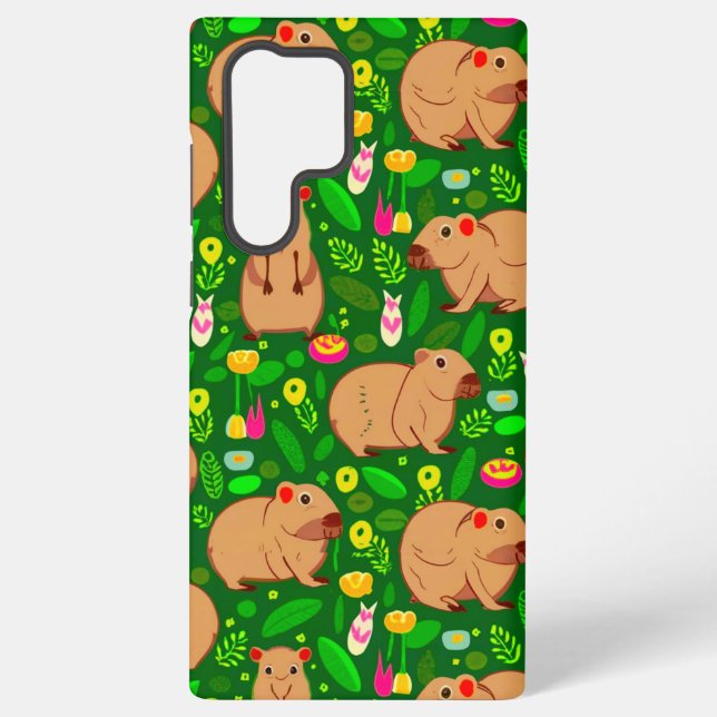 Capybara Sketch mit Frühlingsblumen auf Grün Samsung Galaxy Hülle (Rückseite)