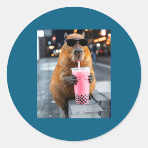Capybara trinkt eisgekühlten Boba-Tee lustiges Tie Runder Aufkleber