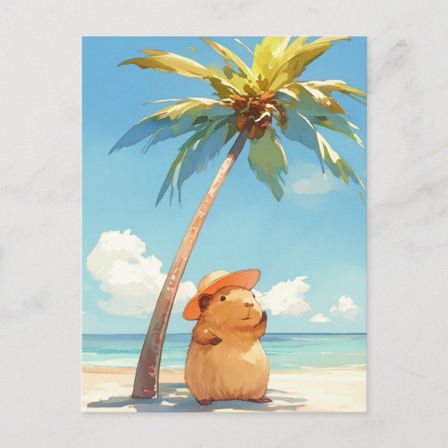 Capybara Wearing Sun Hat on Tropical Summer Beach Postkarte (Vorderseite)